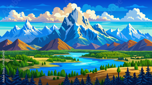 Grand Teton National Park, Wyoming. Grand Tetons mountain range blue sky. Panorama