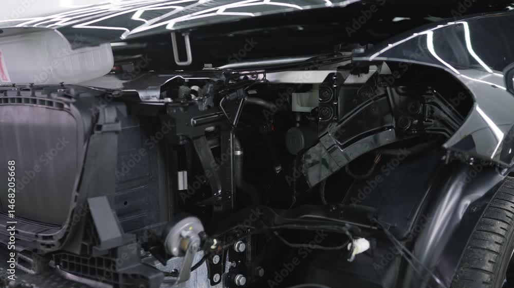 Disassembled car front end showing internal components Disassembled car front end showing internal components