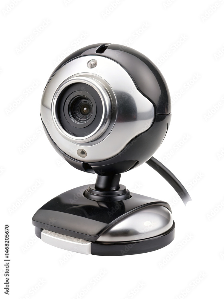 Isolated black and silver webcam for video conferencing and online communication Isolated black and silver webcam for video conferencing and online communication