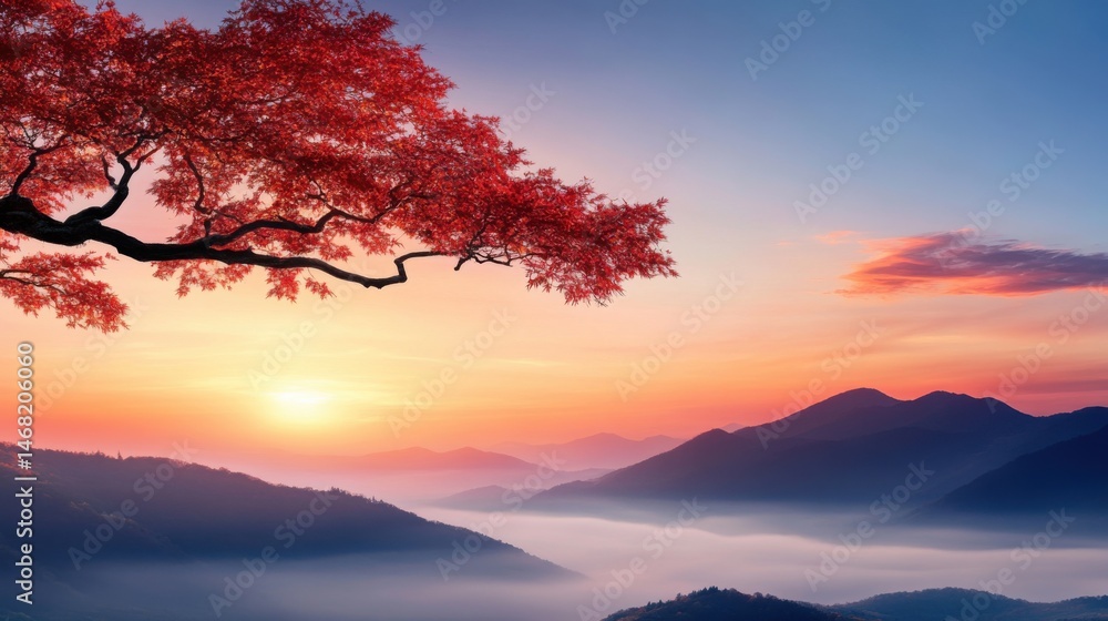 Serene Sunrise Over Misty Mountains with Vibrant Autumn Foliage