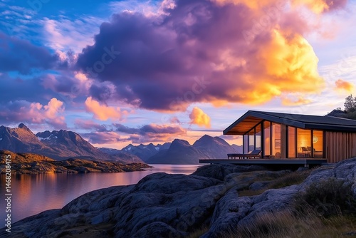 Modern ecolodge overlooking scenic Norwegian fjord at sunset with vibrant cloudscape