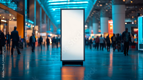 Vertical blank banner stand placed in the center of a busy tradeshow hall with blurred visitors. 