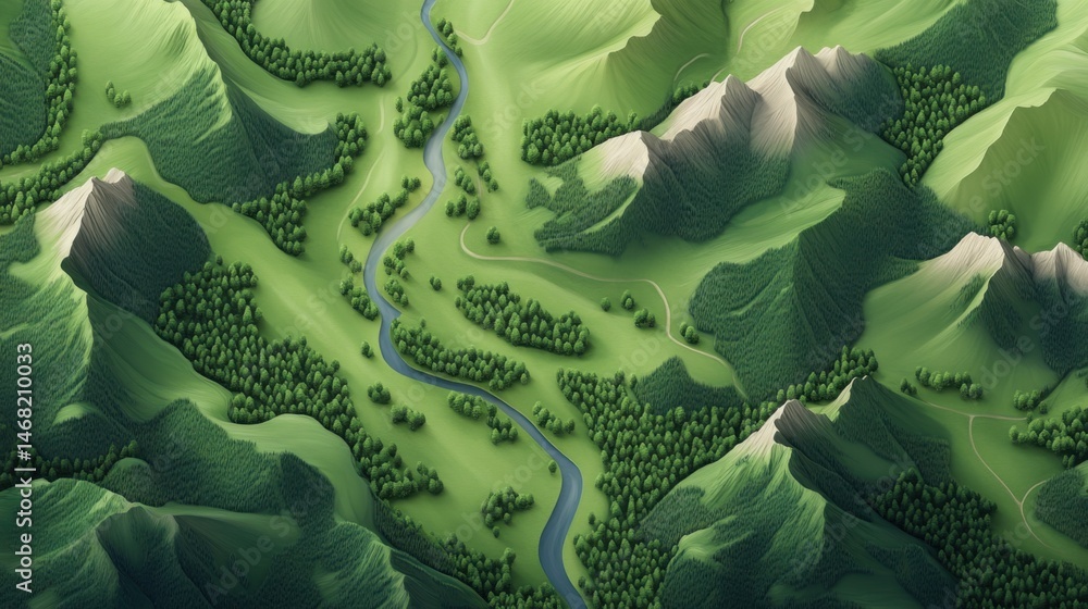 Lush Green Mountain Landscape with Meandering River and Dense Forests