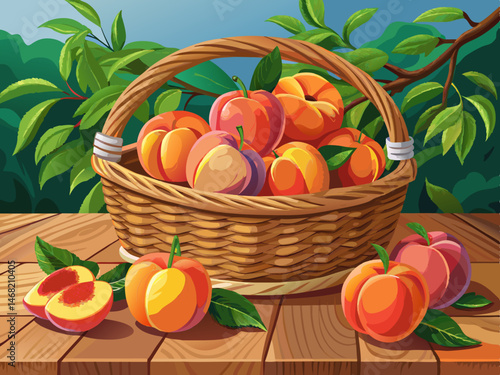 vector of Fresh peaches in a rustic wicker basket on a wooden table make an attractive summer display Fresh peaches in a wicker basket on a rustic wooden table