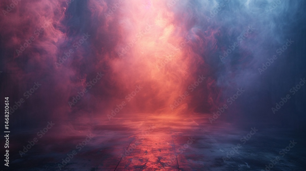 Naklejka premium Dramatic smoky stage or room, vibrant colours
