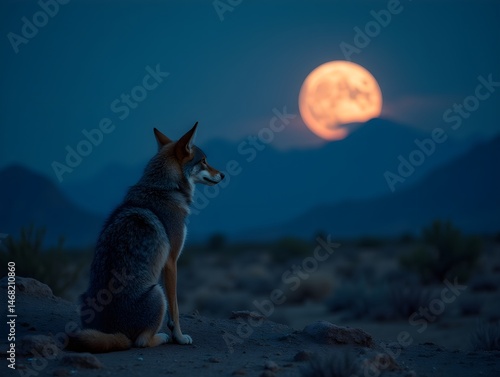 A coyote gazes at a full moon over a desert landscape with mountains in the background.