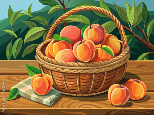 vector of Fresh peaches in a rustic wicker basket on a wooden table make an attractive summer display Fresh peaches in a wicker basket on a rustic wooden table