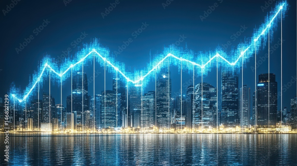 Naklejka premium Futuristic financial growth chart above vibrant city skyline signifying prosperous economic expansion and market trend analysis overview