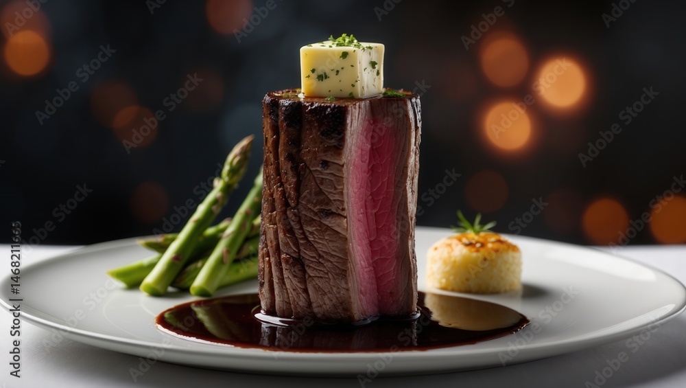 Gourmet beef steak with herb butter, asparagus, and sauce on a white plate, served with a side dish, elegant dining presentation