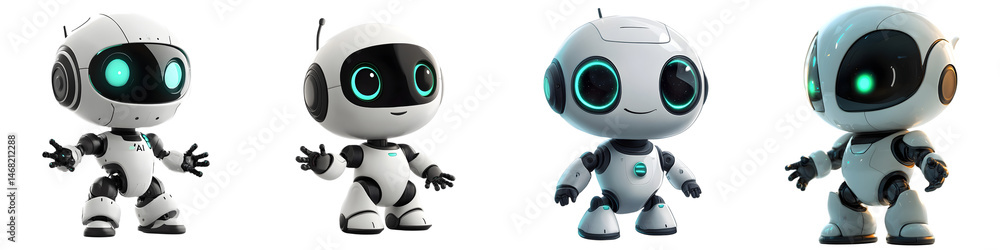 Cute Futuristic Robot Character Mascot Set for Tech Branding and Game UI – Isolated on transparent background Cute Futuristic Robot Character Mascot Set for Tech Branding and Game UI – Isolated on transparent background
