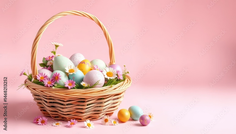 Naklejka premium Pastel Easter Eggs in Wicker Basket with Flowers on Pink Background