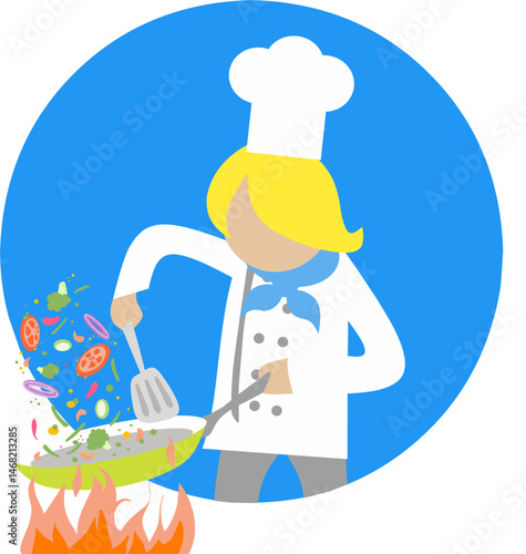 Cartoon Illustration vector of a chef cooking with a frying pan over a hot fire in circle round blue background. Perfect to show how to cook or FnB mascot.