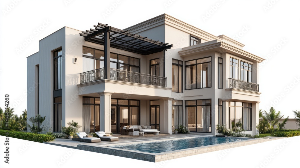 Fototapeta premium Elegant modern house with a swimming pool and veranda.