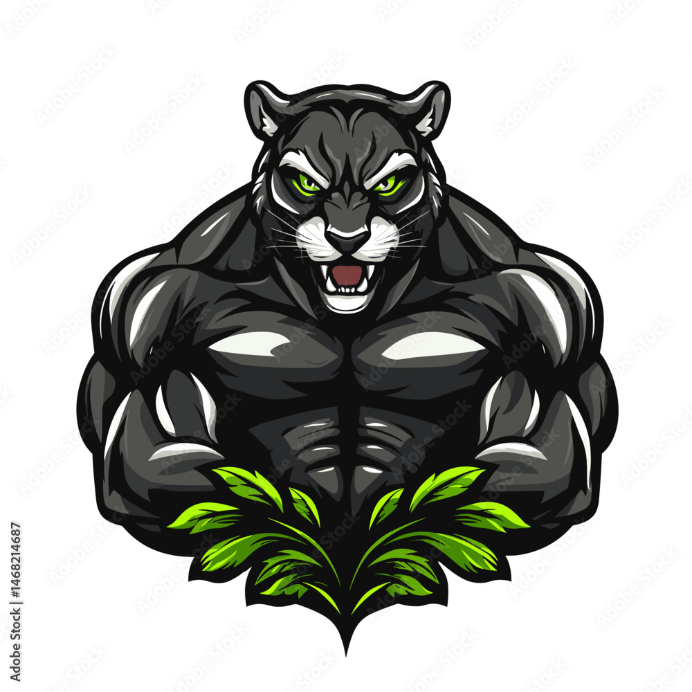 Obraz premium Vector esports logo featuring a muscular panther with fierce expression and green foliage elements