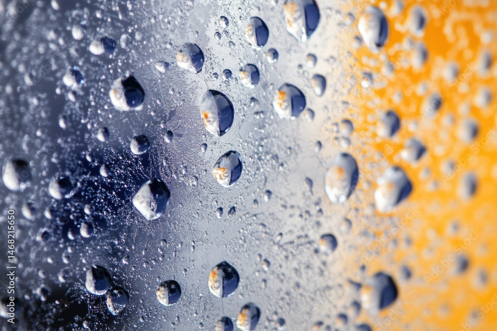 Close-up of water droplets on a surface, showcasing a gradient of blue and orange hues. Close-up of water droplets on a surface, showcasing a gradient of blue and orange hues.