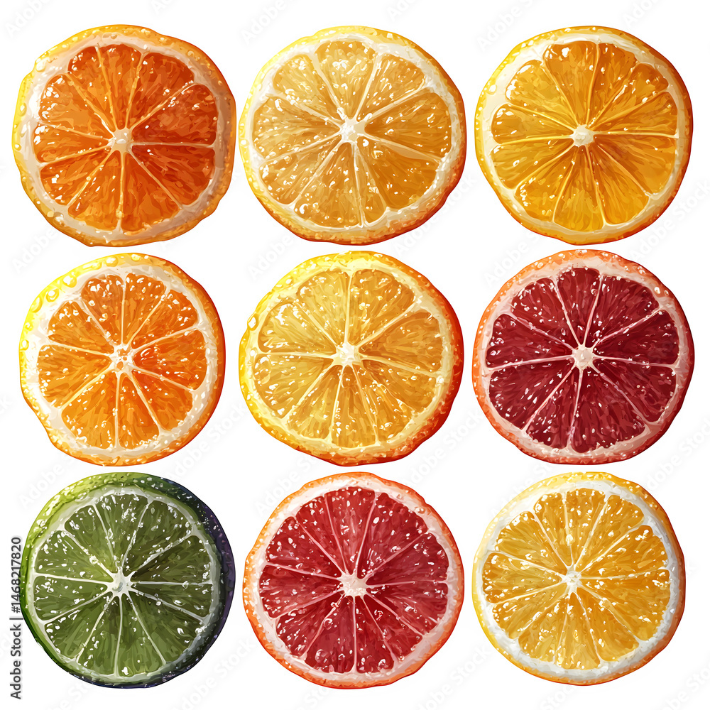 Fototapeta premium Citrus slice set. Lemon slice. Orange slice. Lime slice. Vector illustration --v 6.1 --s 750 --raw