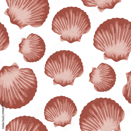 seamless pattern with pink sea scallop icon from the ocean floor, for marine and summer designs