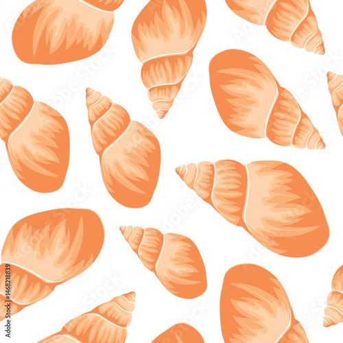 seamless pattern with an icon of a yellow seashell, namely the shell of a crustacean, for marine and summer designs