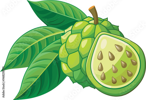A vibrant vector art illustration of a fresh soursop fruit, showcasing its green spiky skin and juicy, tropical interior in detail.