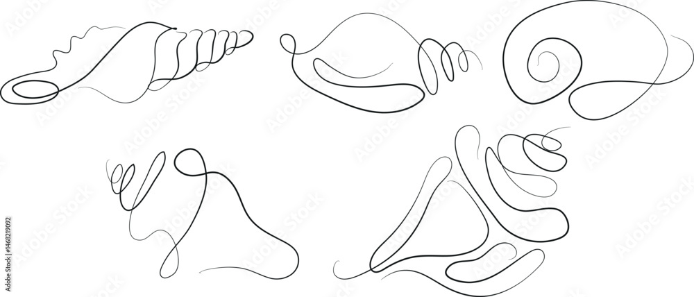 set of icons of various shells, mollusks and shells drawn with several lines in line art style, for various marine designs and company logos set of icons of various shells, mollusks and shells drawn with several lines in line art style, for various marine designs and company logos