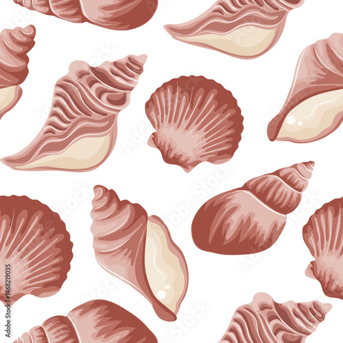seamless pattern with a set of various pink icons of seashells, clams, shells and seashells, for various summer or marine designs