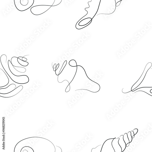 pattern of icons of various shells, mollusks and shells drawn with several lines in line art style, for various marine designs and company logos