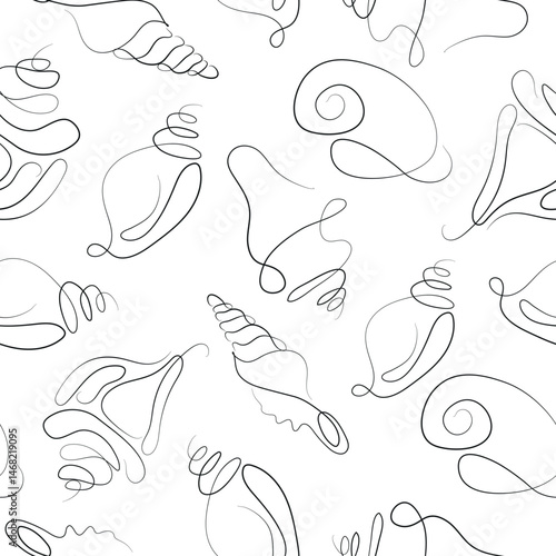 seamless pattern of icons of various shells, mollusks and shells drawn with several lines in line art style, for various marine designs and company logos