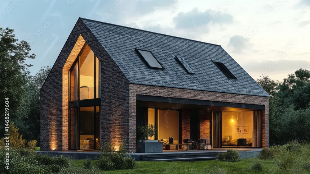 Obraz premium Contemporary brick home with a modern design and outdoor living space.