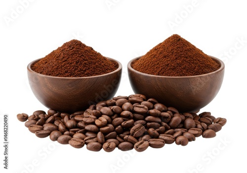 Fresh roasted coffee beans and ground coffee in wooden bowls photo