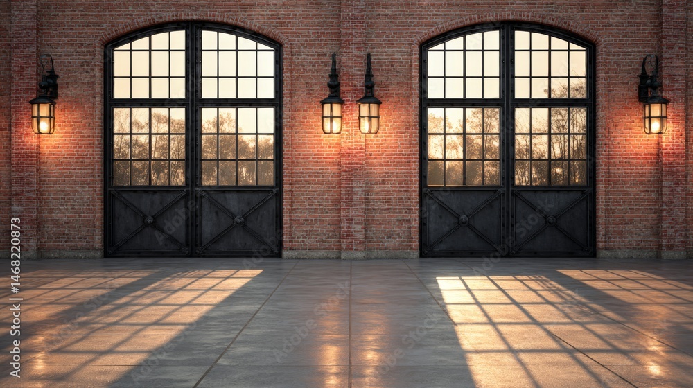 Fototapeta premium Industrial Loft Setting Red Brick Wall with Black Metal Doors and Warm Sunlight