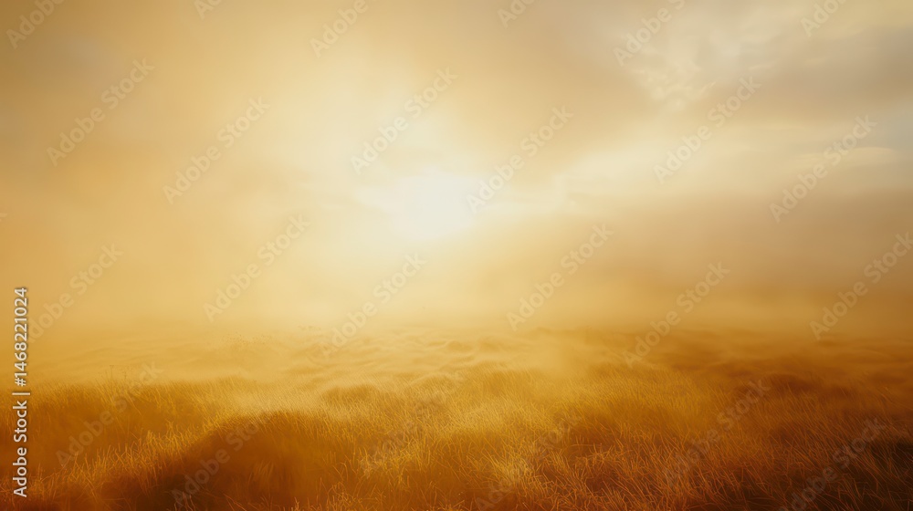 Fototapeta premium Field of yellow grass with a sun in the sky. The sun is setting and the sky is hazy