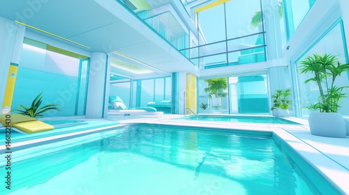Modern  indoor pool house with turquoise accents