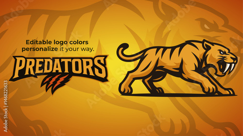 Predators Saber-Toothed Tiger Logo – Full Body Smilodon Mascot in Stalking Pose – Editable Vector for Esports and Gaming