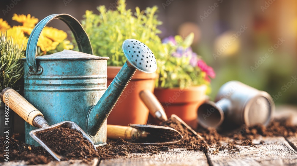 Fototapeta premium Rustic Garden Scene Teal Watering Can and Blooming Flowers on Wooden Table