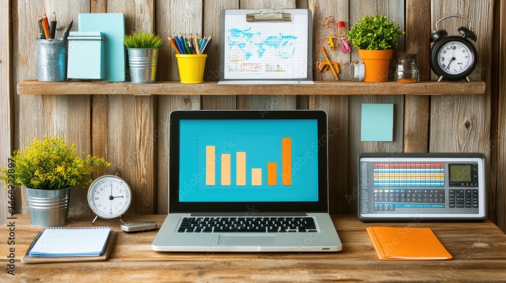 Fototapeta premium Rustic desktop setup featuring a laptop with charts office tools and plants ideal for remote work or creative workspace concepts