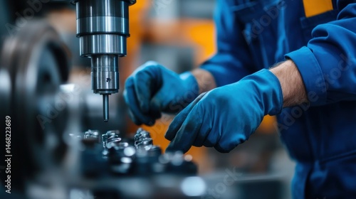 Skilled Worker Operates Machine in Manufacturing Facility with Precision Focus