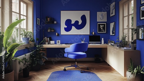 Royal blue home office interior with desk chair painting artwork plants and sunlight ambiance a modern workspace environment