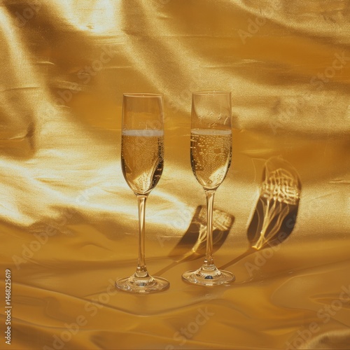 Champagne flutes clinking isolated on gold .