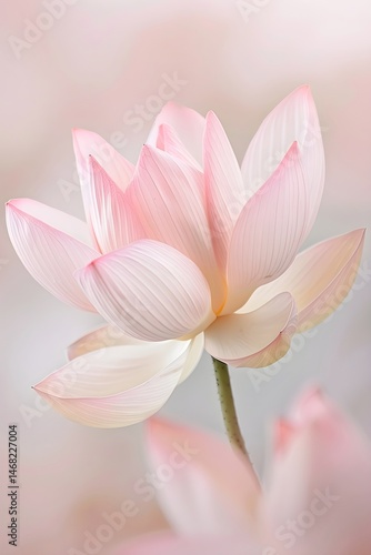 Delicate pink lotus flower in bloom against soft pastel background. Zen and tranquility concept for meditation, spa, wellness, and Mother's Day greeting card design