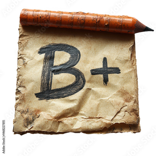 Stock photo of b plus grade on paper with pencil school education test on transparent background
