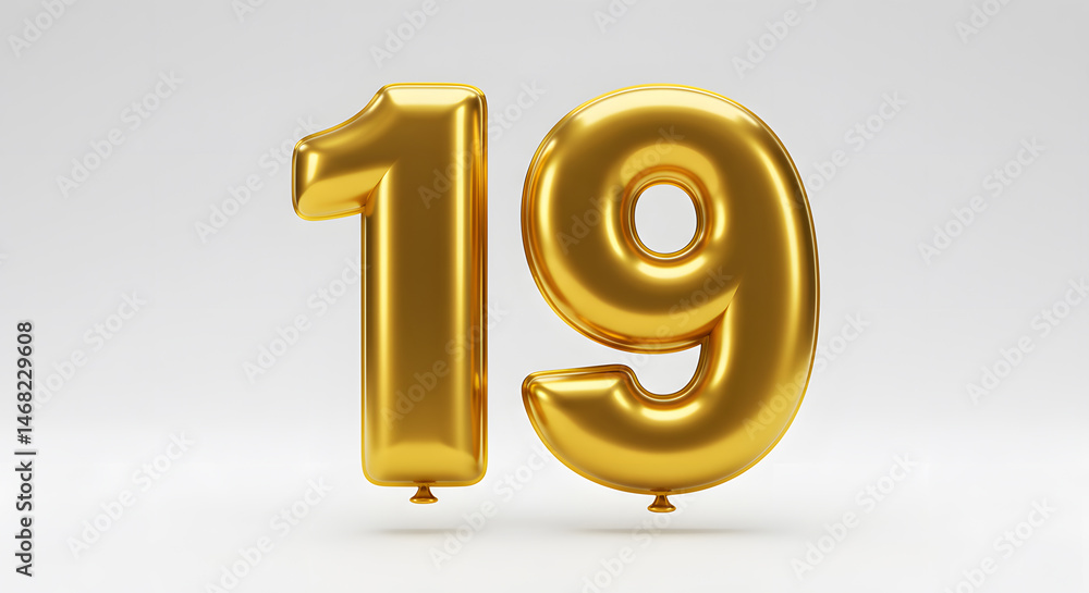 Number 19 Golden Balloons 3D Render Illustration for Birthday, Anniversary, and Event Design Number 19 Golden Balloons 3D Render Illustration for Birthday, Anniversary, and Event Design
