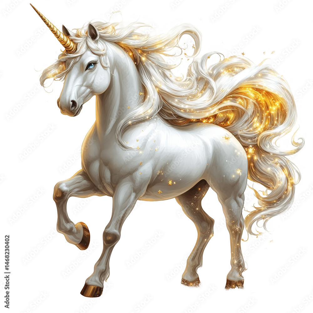 Magical white unicorn with golden mane and horn fantasy creature artwork on transparent background Magical white unicorn with golden mane and horn fantasy creature artwork on transparent background