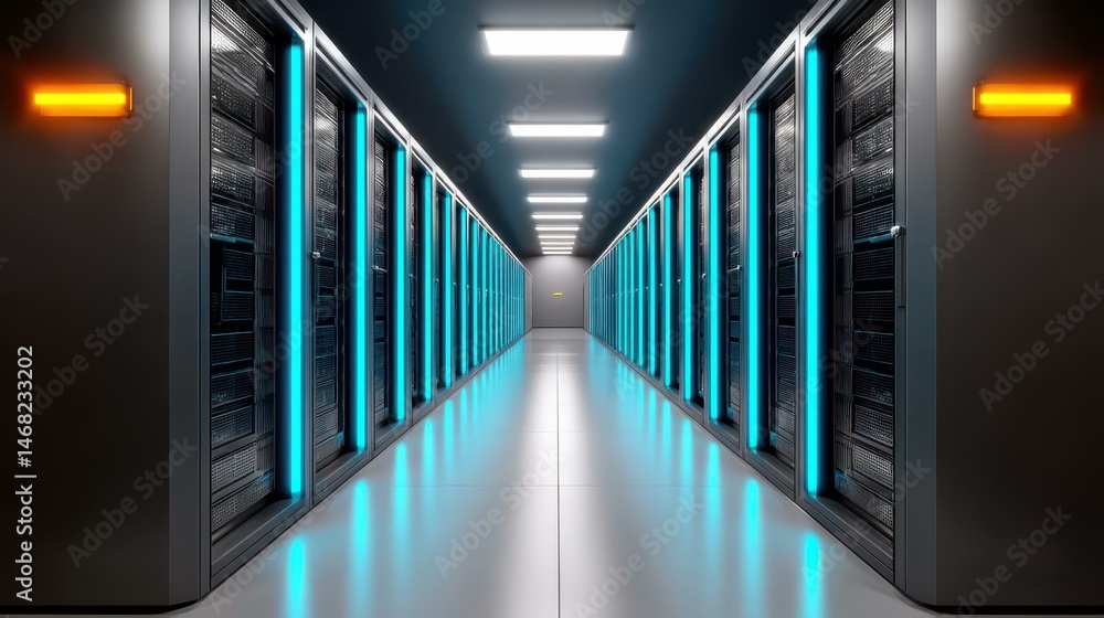 Fototapeta premium Inside a hightech data center, sleek server cabinets line the aisles, enhanced by cool blue lighting and efficient cooling systems.