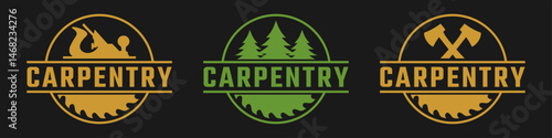carpentry logo design, carpentry tool set, saw, circular saw, vintage, woodworking, vector, retro
