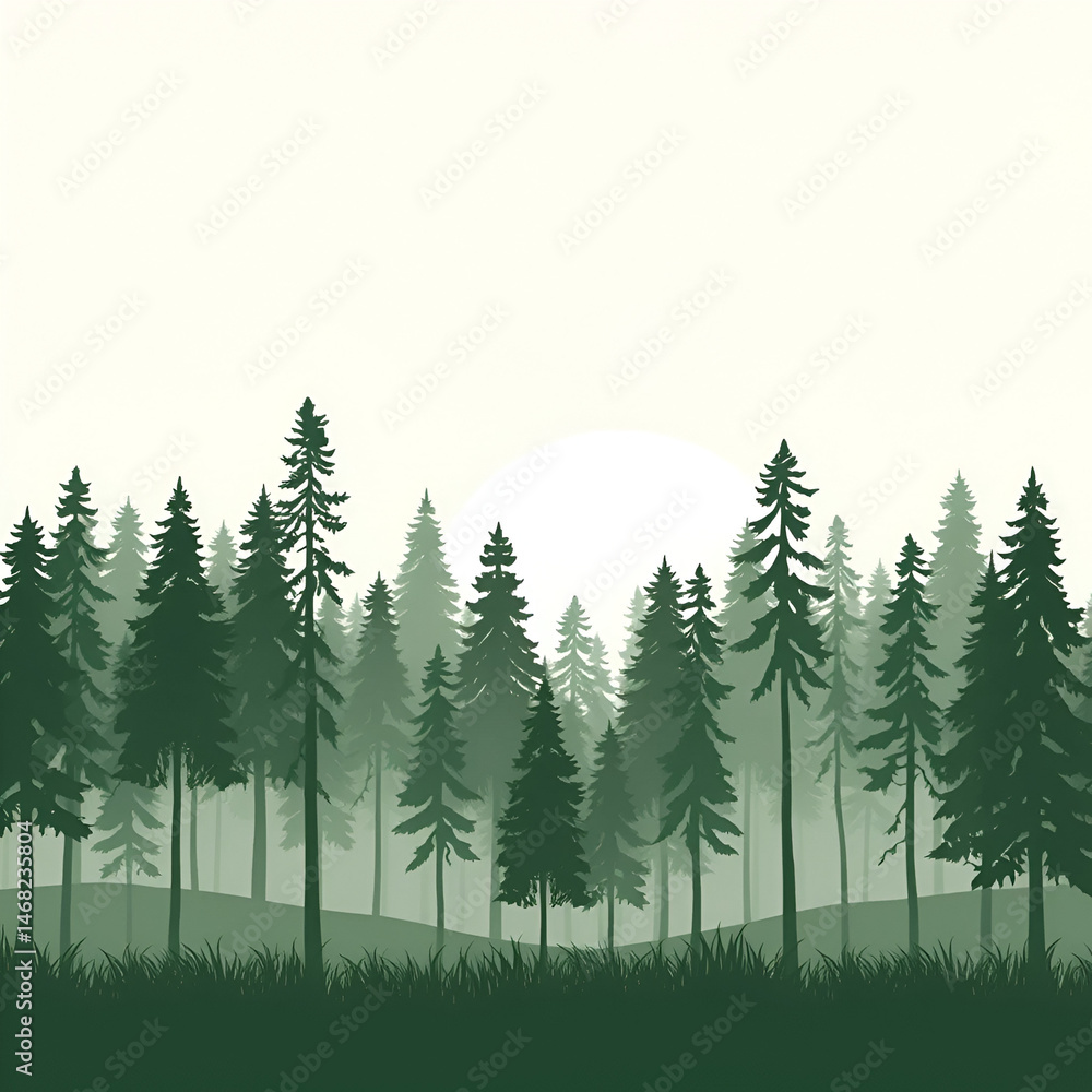 Fototapeta premium Abstract woodland forest illustration trees silhouette, fir tree forest silhouette isolated, evergreen trees, Landscape with trees and grass,