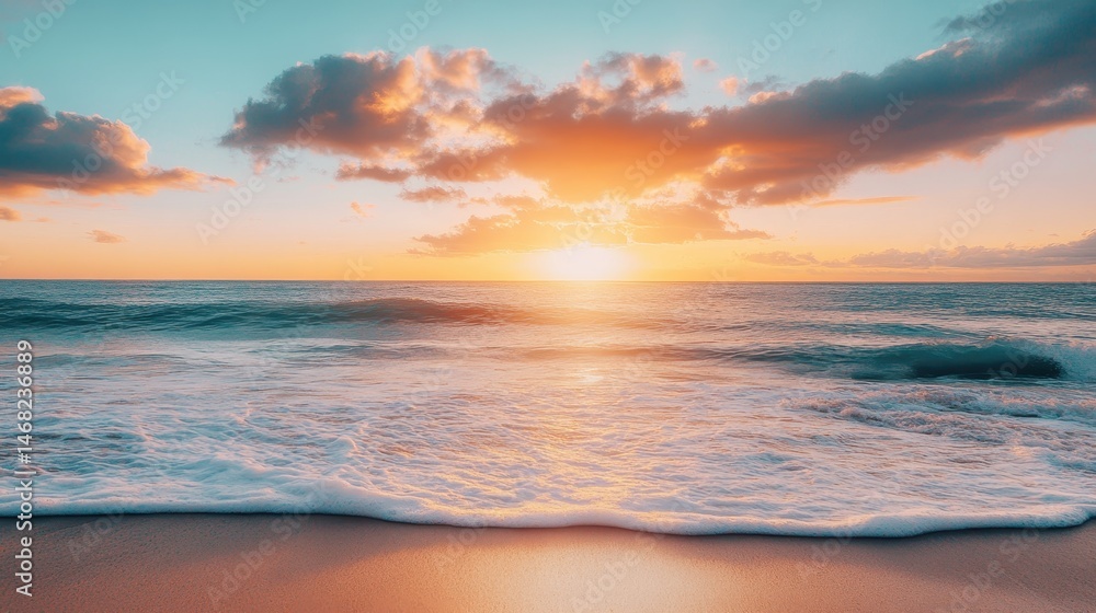 Fototapeta premium Sunset on a serene beach with gentle waves lapping at the shore during a clear evening
