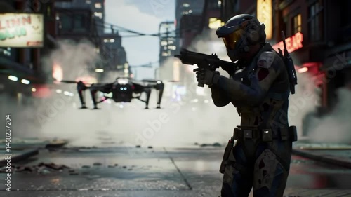 Futuristic soldier with weapon and drone in urban city landscape depicting technological security and modern warfare concept