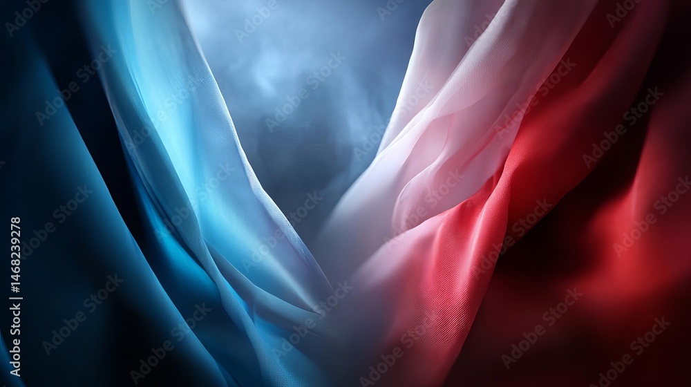 Fototapeta premium Flowing silk fabric in blue and red tones. Memorial Day American flag Parade Poppy