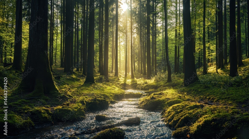 Fototapeta premium Sunlight filters through trees in a serene forest with a gently flowing stream during early morning hours