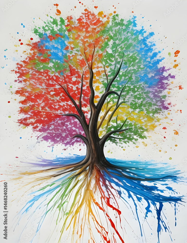 Naklejka premium Multicolored tree branches spreading, representing global unity through vivid spectrum, symbolizing interconnectedness and environmental harmony in natural landscape